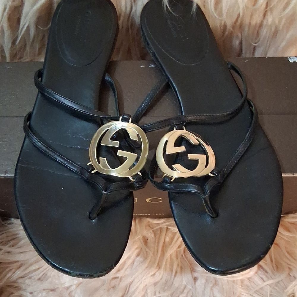 Gucci Black Slides with Goldtone Metallic  GG Logo Size 38